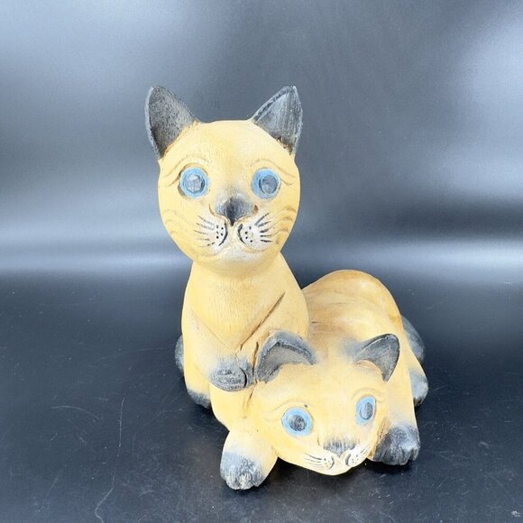 Vintage Hand Carved Wood Kitty Cat Figurine Brown With Blue Eyes Cats Figure - Picture 8 of 14